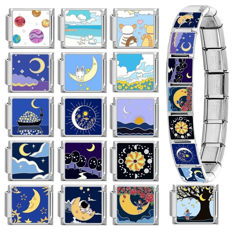 2026 Charm Italiano con Ciondoli a Tema Cielo Notturno Blu, Luna, Stelle, Pianeti, Fiori e Gatto, Compatibile con Bracciali in Acciaio Inossidabile da 9mm, per Uomo e Donna, per Creazione Fai da Te e Regali