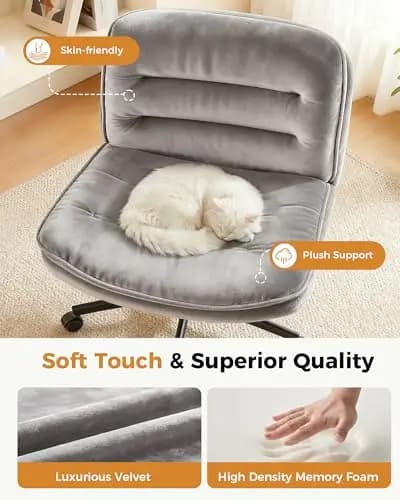 Sedia da Ufficio Girevole Senza Braccioli in Velluto Grigio con Seduta Ampia e Morbida, Cuscino in Memory Foam Delicato sulla Pelle per Studio e Casa