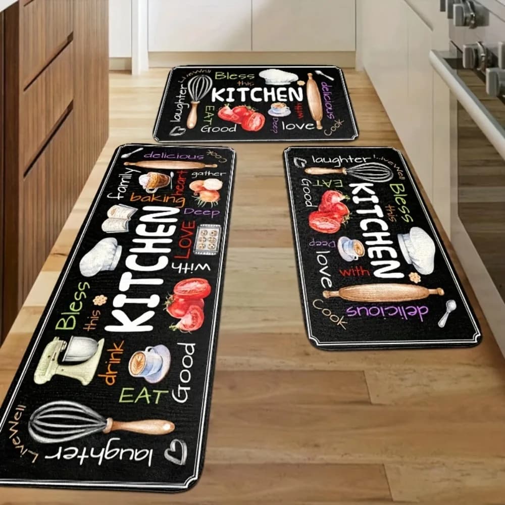 Set di tappeti da cucina 2/3 pezzi Cuscinetti da cucina Ingredienti alimentari Tappeto Materiale di flanella antiscivolo per cucina Bagno Soggiorno, camera da letto