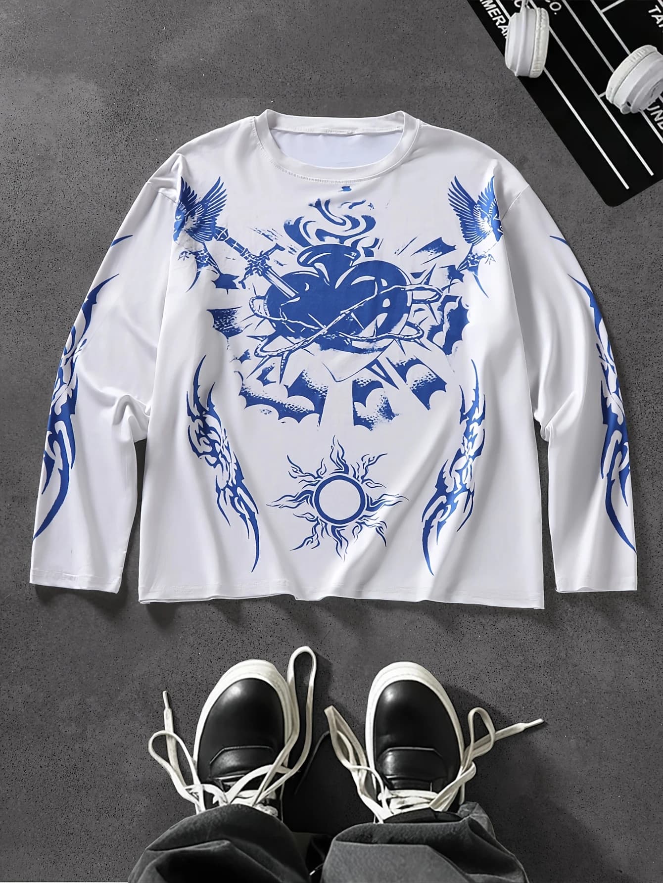 Y2K Dark Thorn Love Printed Long Sleeve T-shirt Street Gothic Style Sun Totem Loose Men's and Women's Casual Hoodie Top