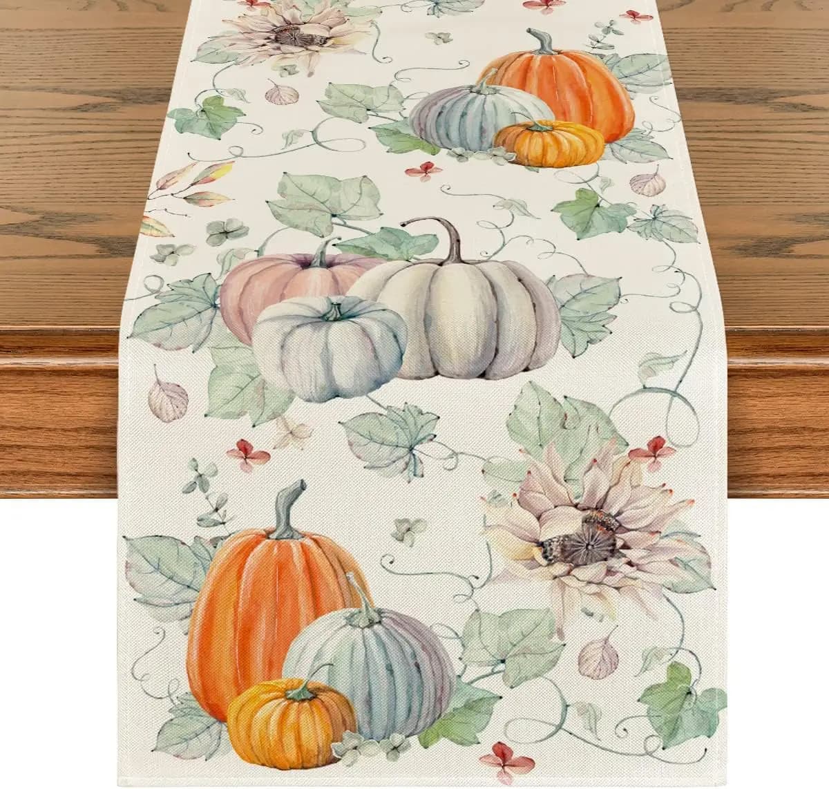 Autumn Pumpkins Flowers Leaves Runner Lining Table Scarf for Autumn Seasonal Thanksgiving for Dining table decor for parties in the kitchen