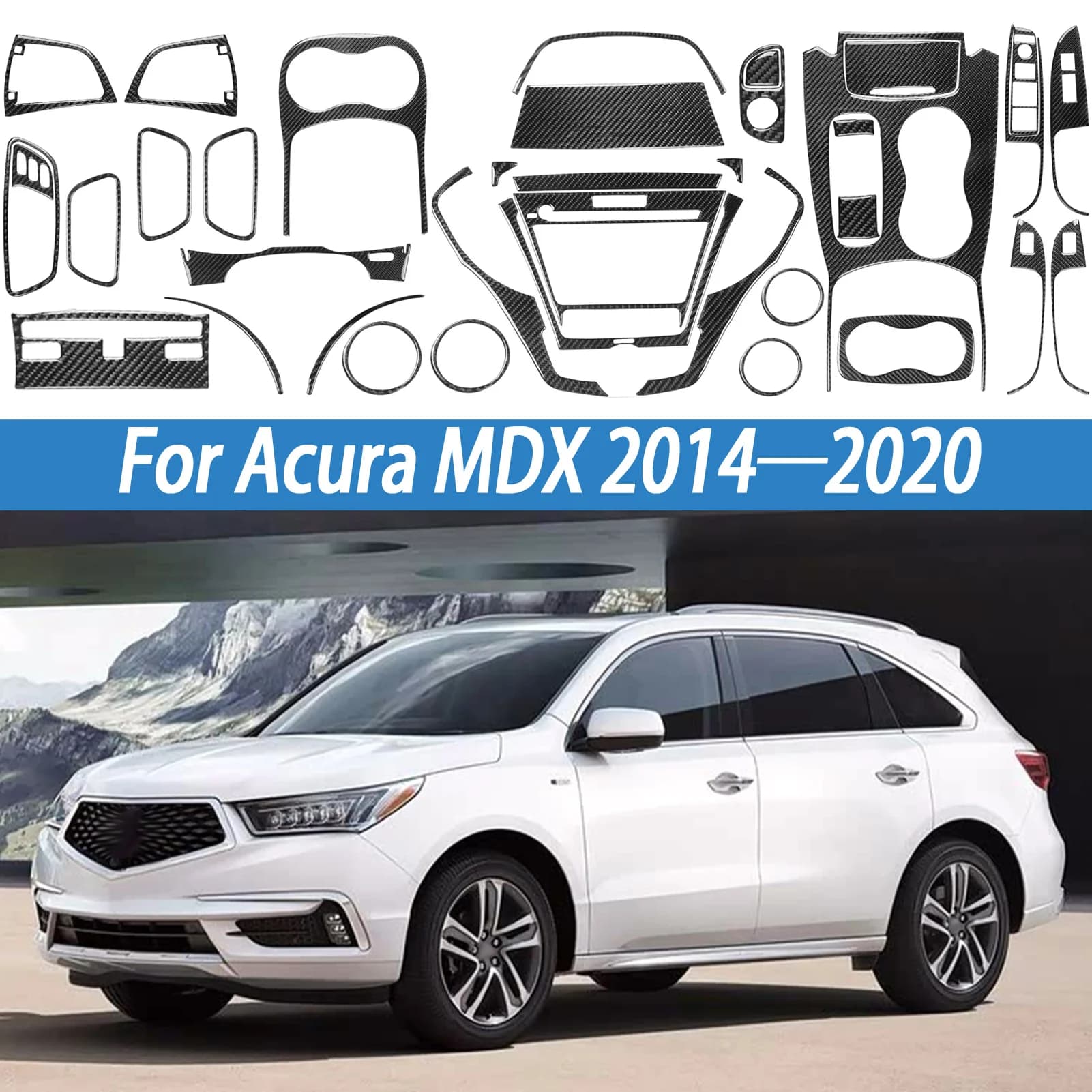 Wall decals for interior carbon fiber coating for Acura MDX 2014-2020 console central panel CD carriers wheel door panel covers