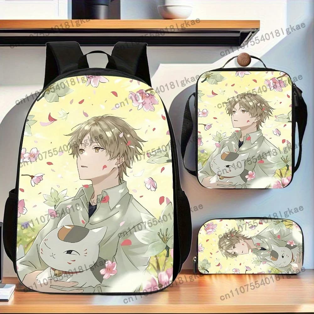 Natsume's Book of Friends 3pcs Trendy Backpack Set, backpack lunch bag pencil case set with adjustable shoulder straps and zippe