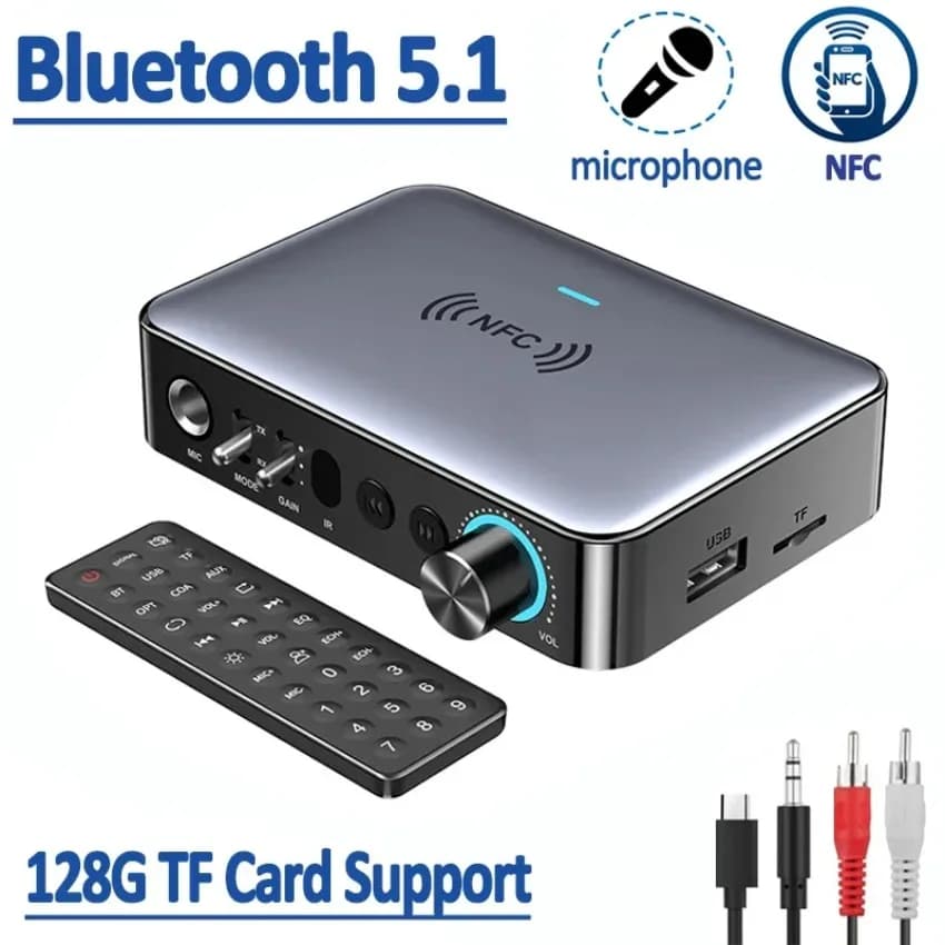 Ricevitore e Trasmettitore Audio Bluetooth 5.1, Adattatore Wireless NFC, Ottico Coassiale, AUX 3.5mm, Riproduzione da USB e Scheda TF, Microfono per Karaoke