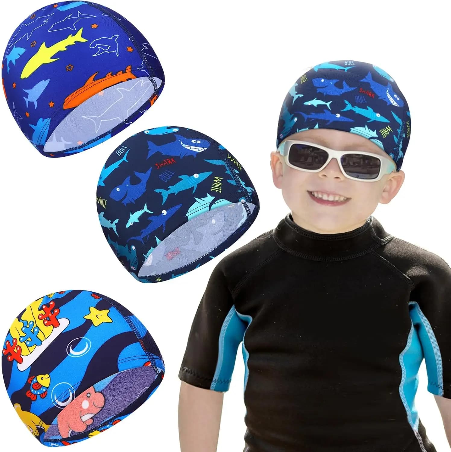 Cuffie da Nuoto per Bambini, Set da 3 Pezzi, Unisex, in Poliestere, per Piscina e Mare, Cuffie Estive