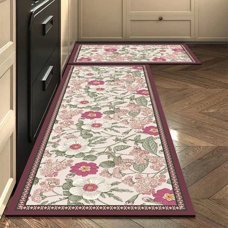 Washable Non-slip Kitchen Rug Pvc Leather Waterproof Anti-slip Floor Mat Long Rugs Oil-proof Foot Mats Pink Flower Home Carpet