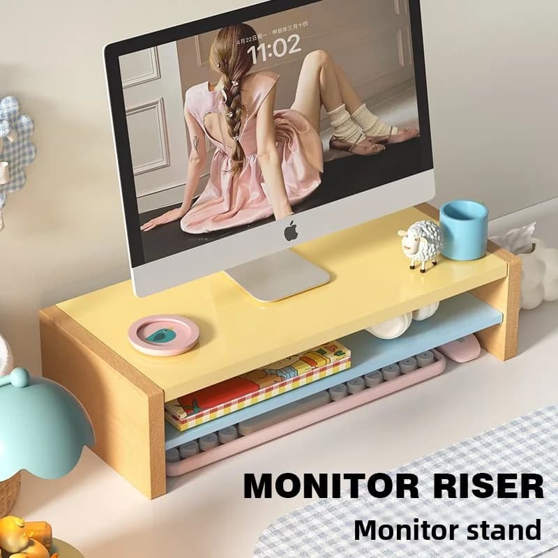 Wooden Monitor Riser Stand with Storage Shelf Ergonomic Computer Desk Organizer for Home Office Student Workspace Setup