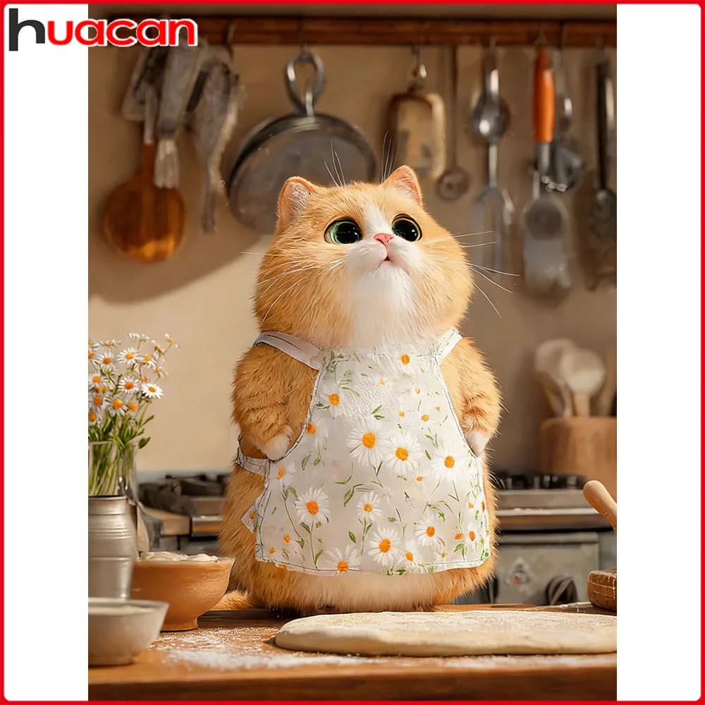 Huacan Diamond Painting Cat Kitchen Diamond Mosaic Animal Landdcape Complete Kit Rhinestone Pictures