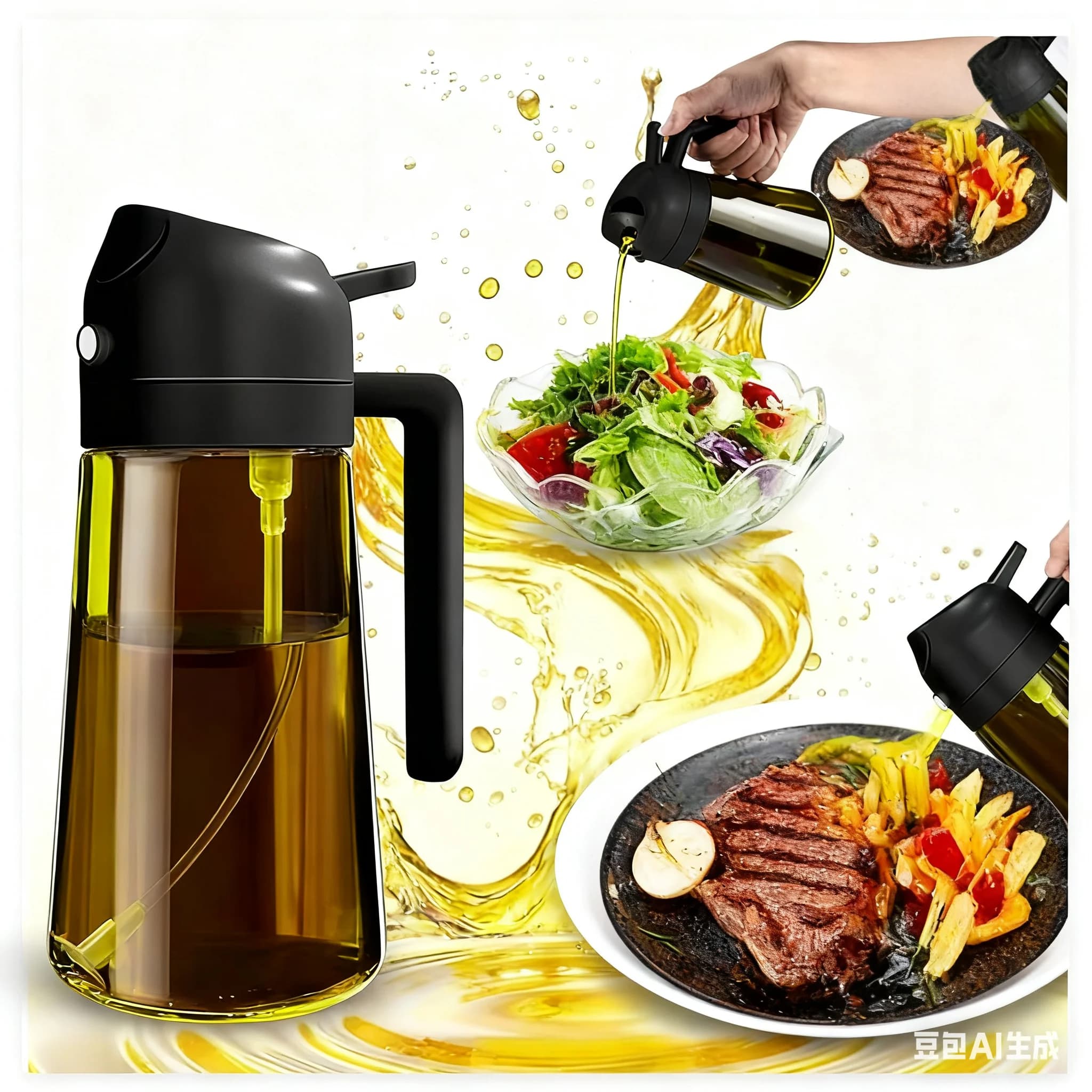Dispenser Spray Olio 2-in-1 in Vetro Marrone da 470ml (16oz) Antigoccia per Cucina, Friggitrice ad Aria, Barbecue, Cottura al Forno, Insalate