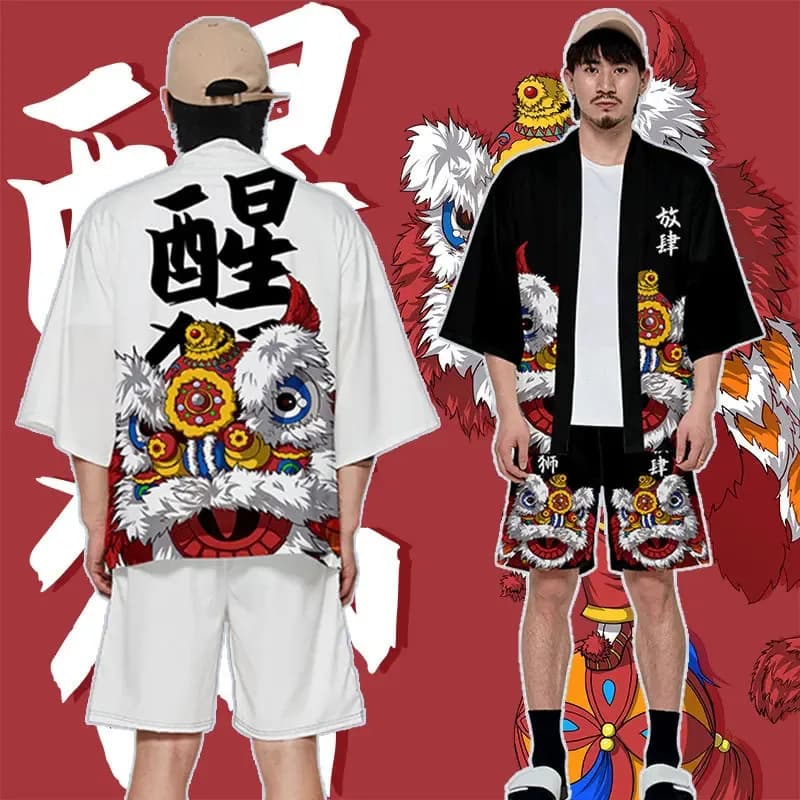2025 New Cosplay Two-piece Suit Japanese Cardigan men Cosplay Dragon Lion Dance Printing Yukata Kimono Shorts Sets Patchwork Asi