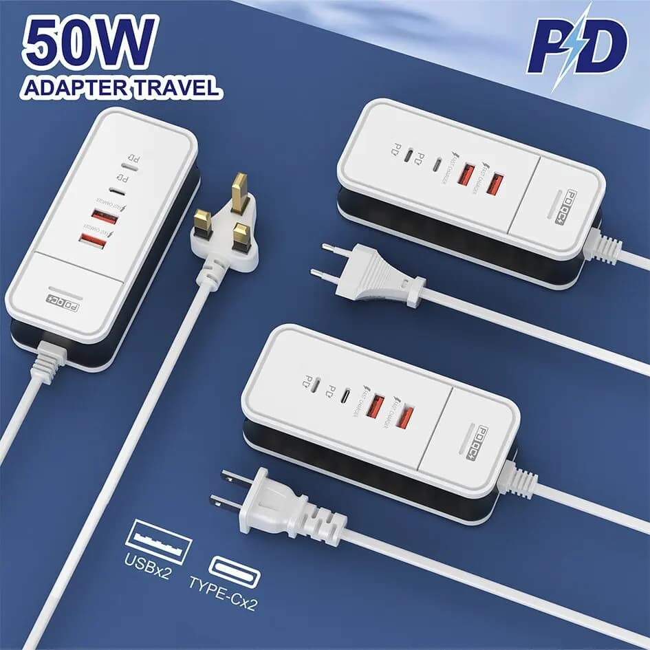 50W 2USB+2PD Fast Charger QC3.0 Type-C Fast Charging Wall Charger for Xiaomi Samsung Mobile Phone Travel Portable Power Adapter