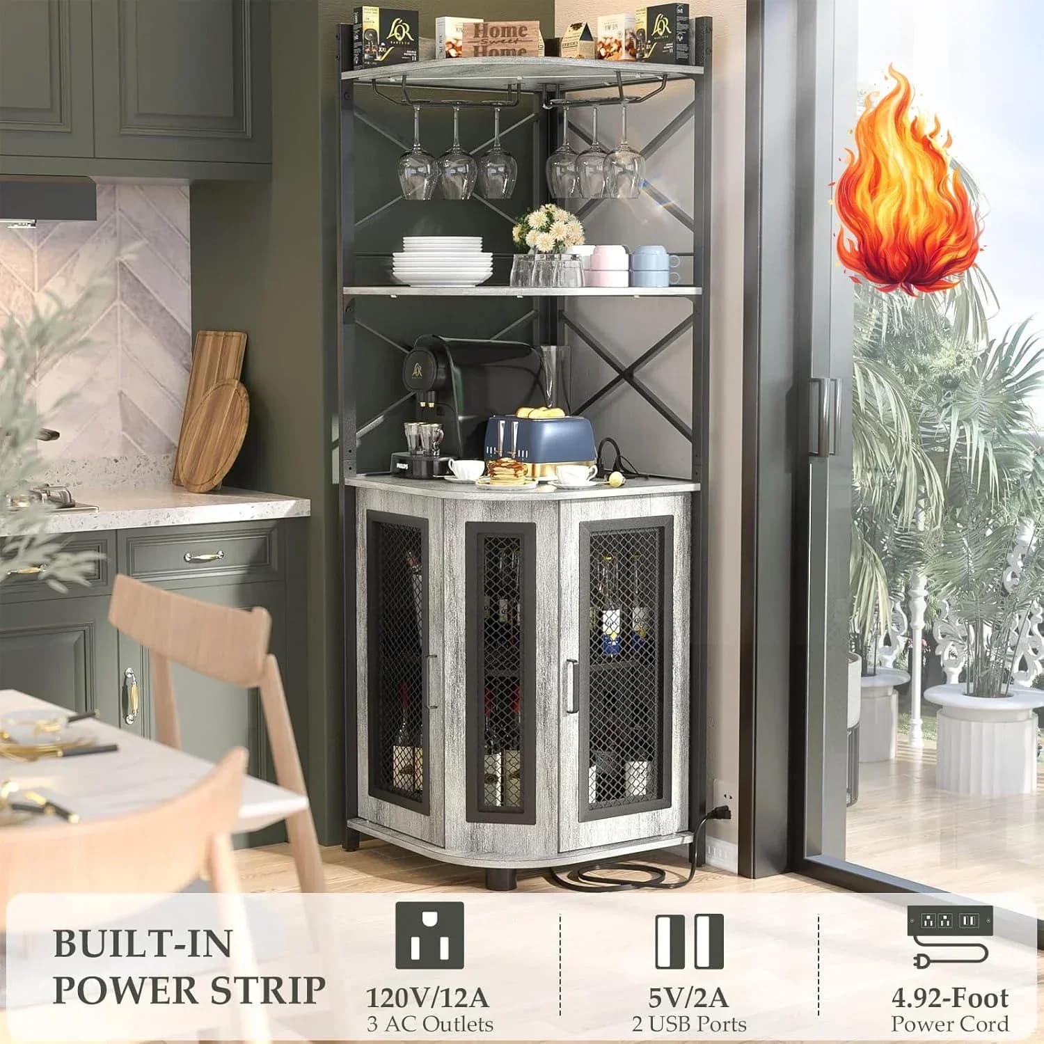 Corner Bar Cabinet with Power Outlet, Industrial Wine Cabinet with LED Strip and Glass Holder, 5-Tiers Liquor Cabinet Bar Unit