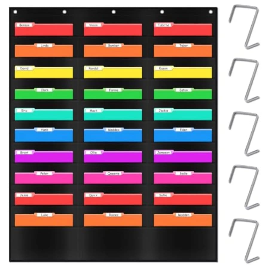 File Storage Pocket Chart with 30 Pockets - Hanging Wall Folder Organizer for Classroom Office and Home, 5 Over Door Hangers, O