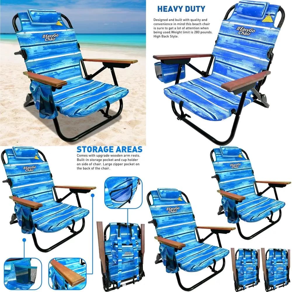 Set di 2 Sedie da Spiaggia Blu con 5 Posizioni Reclinabili, Portabicchieri, Cuscino Imbottito e Borsa Portaoggetti