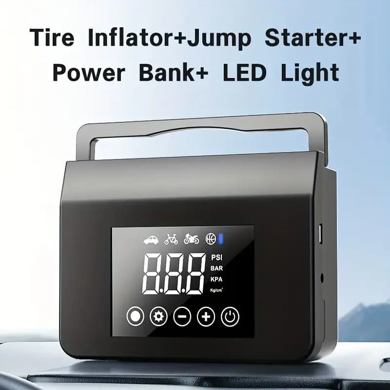 Avviatore di emergenza intelligente multifunzione da 12 V con gonfiatore di pneumatici, Power Bank e luce di emergenza a LED per auto e moto