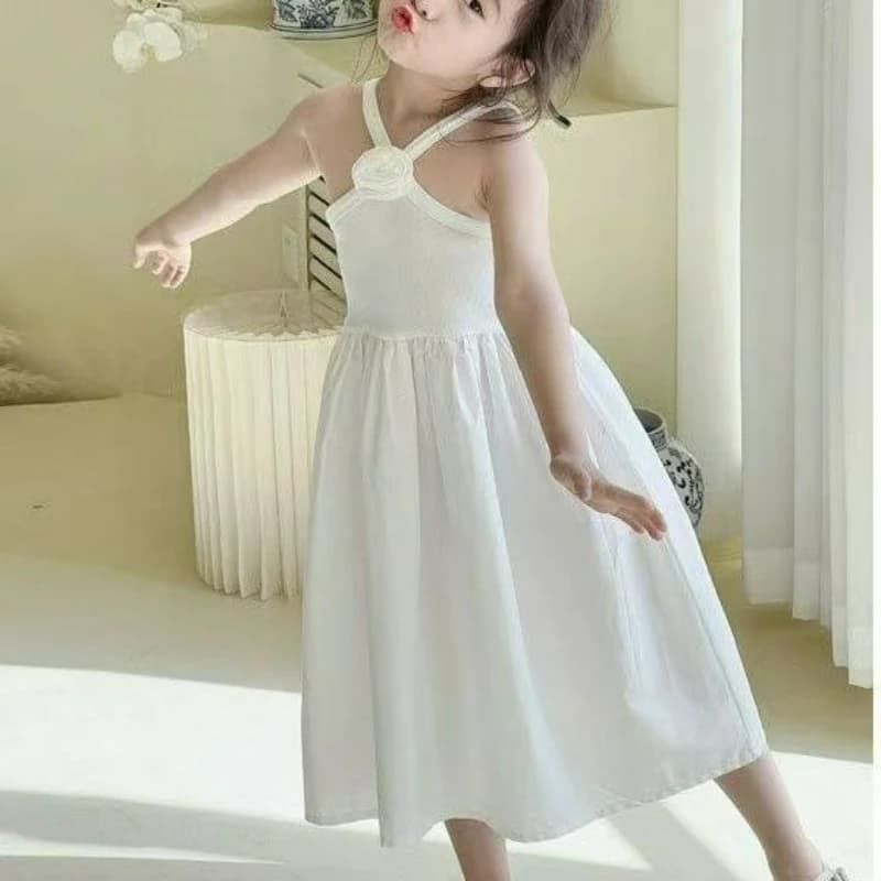 Abito Estivo 2026 per Bambina, Vestito Principessa Bianco Senza Maniche con Applicazioni Floreali per Feste di Compleanno