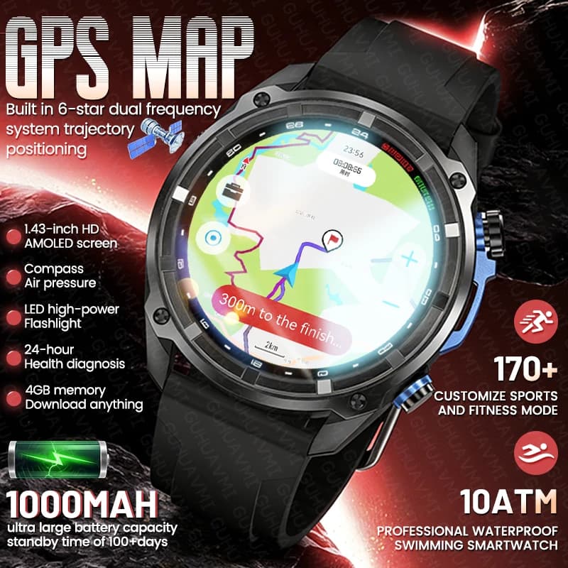 Nuovo Smartwatch 2026 con Aggiornamento Mappe GPS, Batteria 1000mAh, Impermeabile 10ATM, Memoria 4GB, Chiamate BT, Sportivo da Uomo, Display AMOlED HD