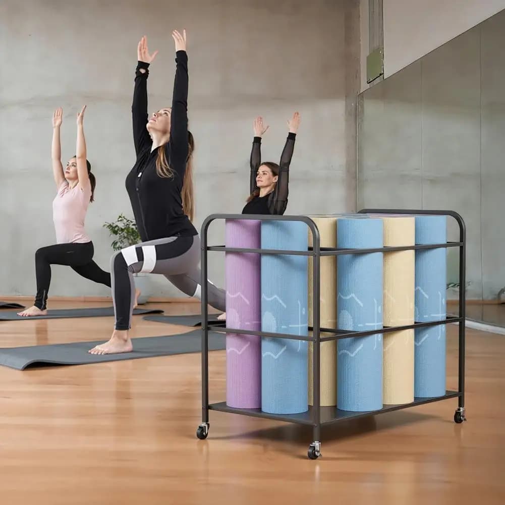Carrello porta tappetini yoga con ruote, organizer per attrezzature da palestra e fitness, nero