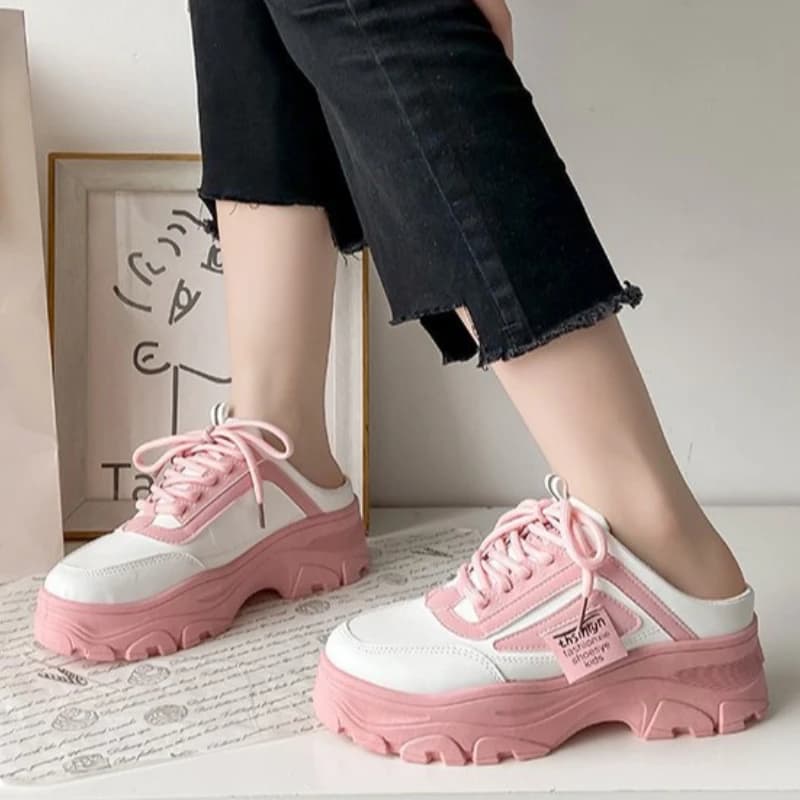 Mezze pantofole da donna Sneakers da donna in pelle PU Mocassini con plateau traspiranti Scarpe stringate Scarpe casual da esterno