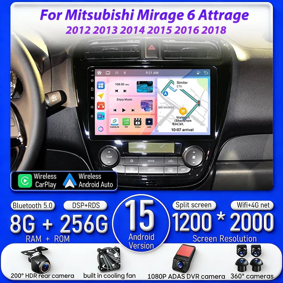 Autoradio Multimediale Android 15 per Mitsubishi Mirage 6 Attrage 2012-2018 con Navigatore GPS 4G Wifi