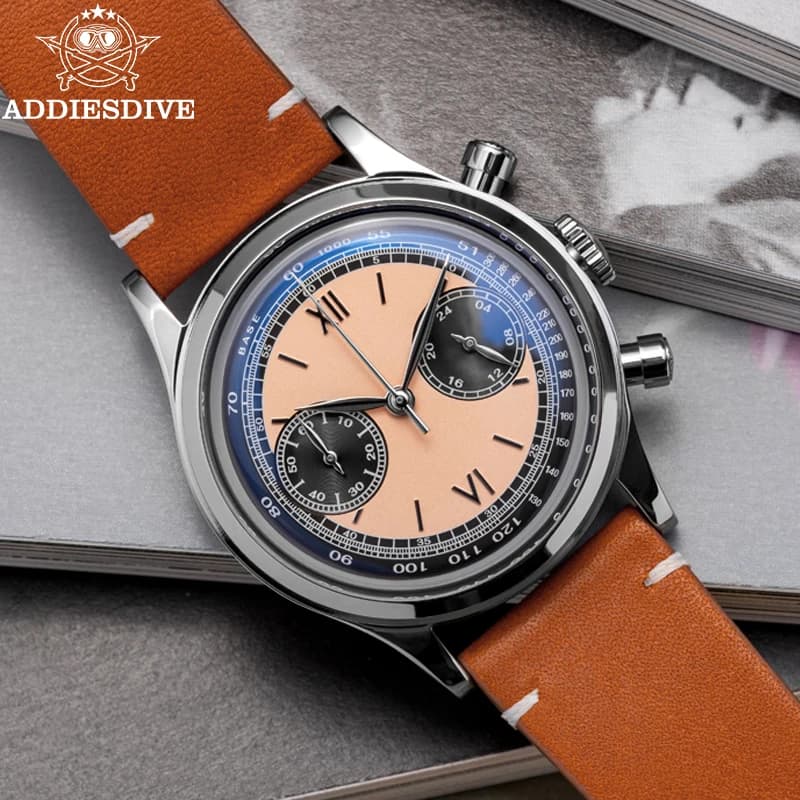 ADDIESDIVE multifunctional chronograph watch VK64 Leather watch 10Bar Waterproof men's quartz watches Reloj Hombre часы
