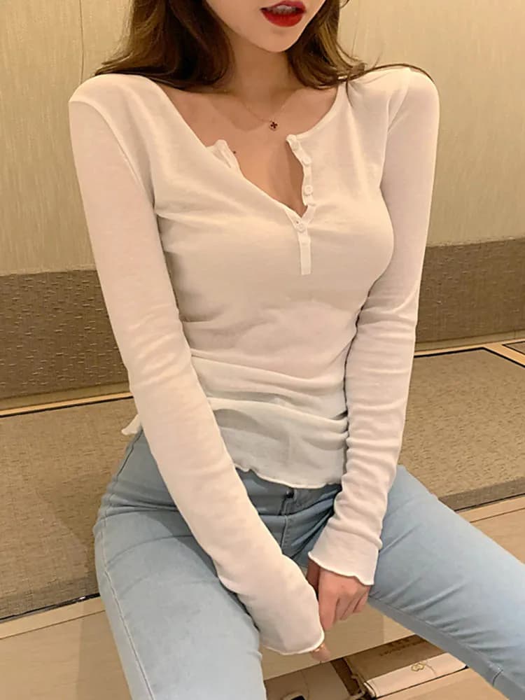 Coreano moda donna sottile autunno top sexy club slim fit T-shirt abbigliamento donna cotone a maniche lunghe Camisetas De Mujer