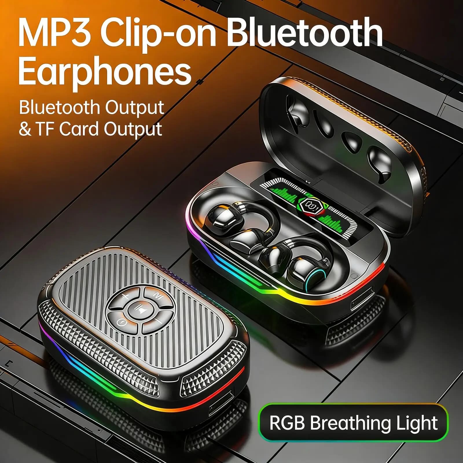 Auricolari Bluetooth Wireless con Luce Ambientale RGB, Supporto Scheda TF, Lettore MP3, Lunga Durata della Batteria, Display Digitale, Cuffie da Gioco