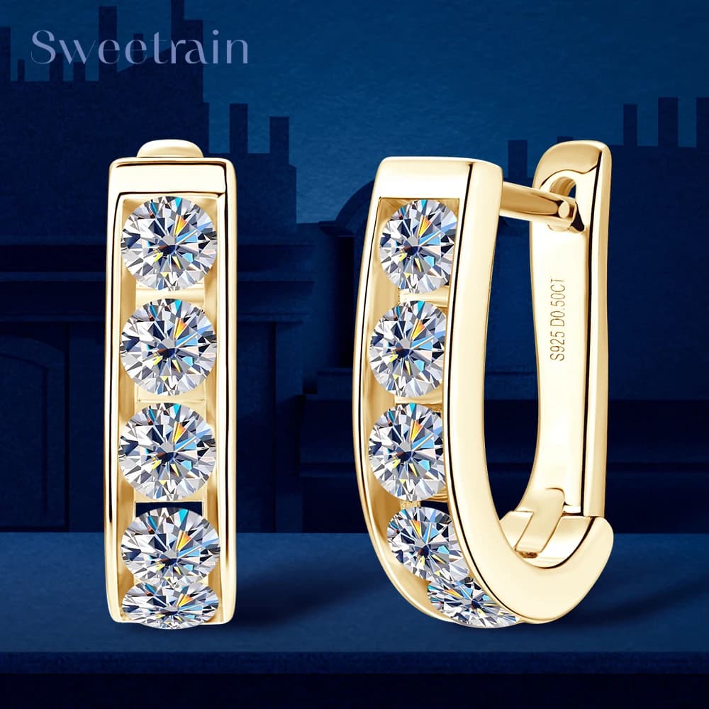 Sweetrain 3mm 0.1ct Moissanite Earring for Women 925 Sterling Silver Plated Gold Hoop Earrings 2023 Trending Jewelry Accessories