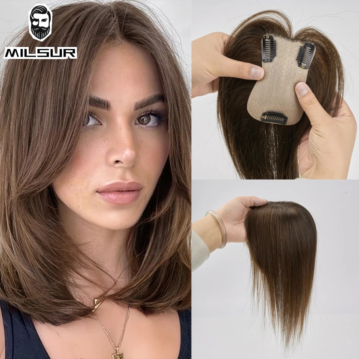 Toppers per capelli umani Parrucca per capelli castani naturali per donne Clip in toppers per capelli 10 '' Capelli lisci traspiranti Fatto a macchina Base 7x11 cm