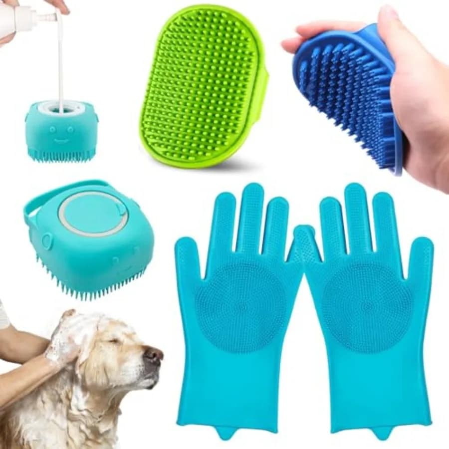 Enmaipet Set di Spazzole per Toelettatura Cani 4-in-1 con Manico Regolabile, Spazzola in Silicone per Shampoo e Pulizia per Cani a Pelo Corto e Lungo