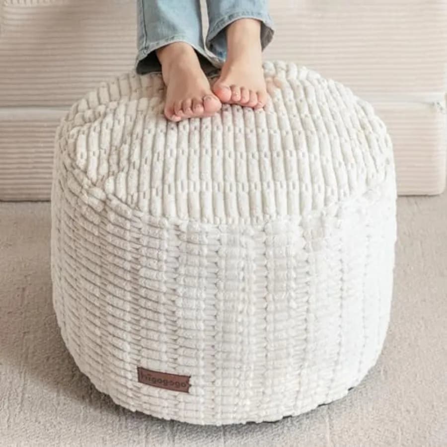 Boho living room pouf ottoman: round foam-filled footrest in beige, modern decorative stool for weddings, Christmas parties, an
