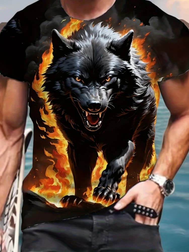 T-shirt da uomo con stampa grafica Fire Wolf modello 3D T-shirt causale oversize estiva Moda uomo Fitness Manica corta Abbigliamento Top