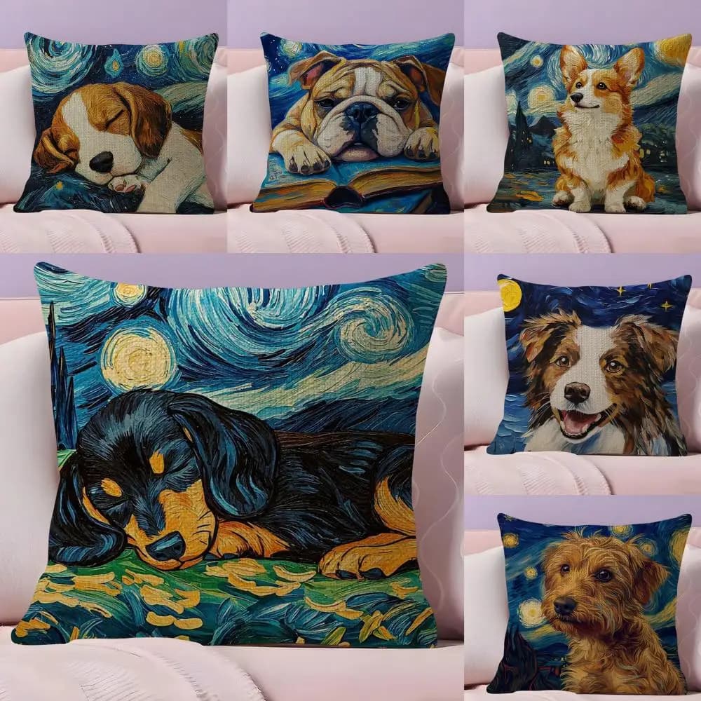 Catoon Starry Sky Dog cushion cover in natural linen, organic fabric, front-back printing, sofa and home decoration, breathable pillow for bed