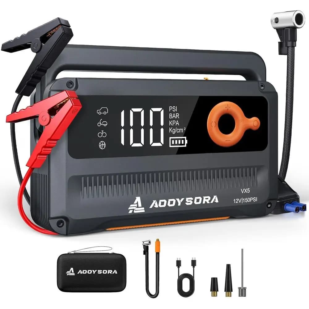 Avviatore di Emergenza per Auto 9-in-1 da 6000A con Batteria da 26800mAh, Compressore d'Aria, Gonfiatore Pneumatici, 3 Torce LED e Cavi di Avviamento