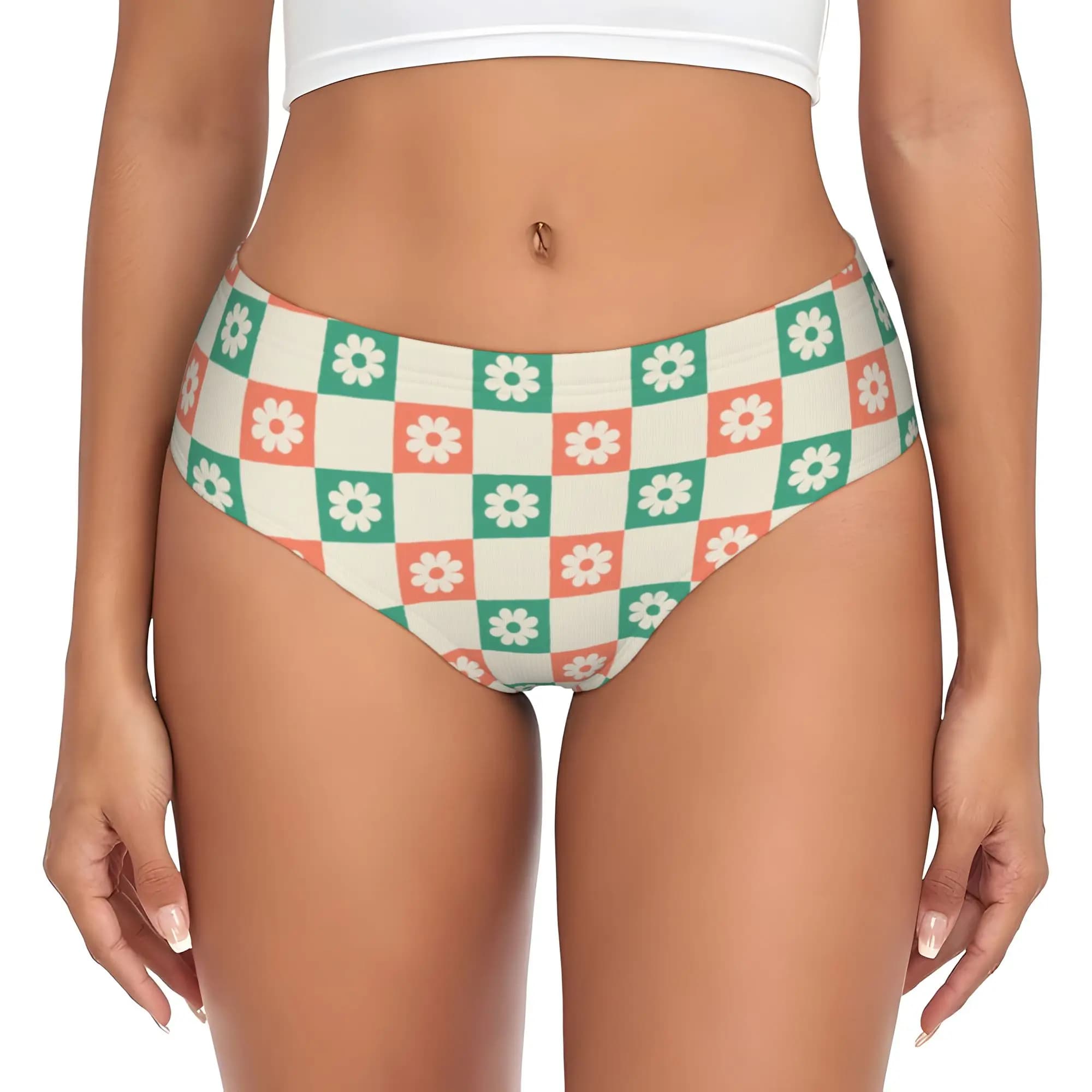 Checkerboard Daisy Flowers Brief Panties Women's Breathable Stretch Underwear