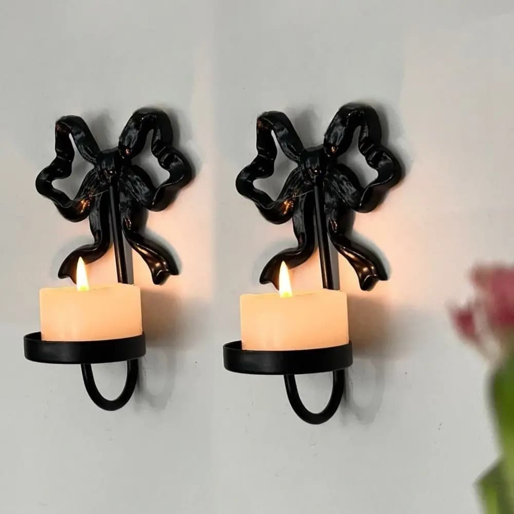 2PCS Retro Wrought Iron Bow Candlestick Gold Exquisite Bow Candle Holder Decorative Wall Mounted Candlestick Table Centerpiece