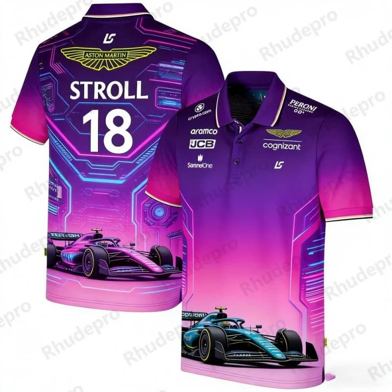 Polo Aston Martin Team Stroll 18 a tema racing con stampa auto, stile sportivo casual per i fan, collezione per l'uso quotidiano