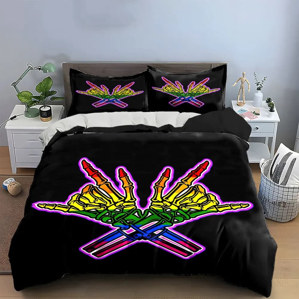 Set di adesivi artistici con scheletri colorati, set di biancheria da letto morbido e delicato sulla pelle, include 1 copripiumino e 2 federe, idea regalo