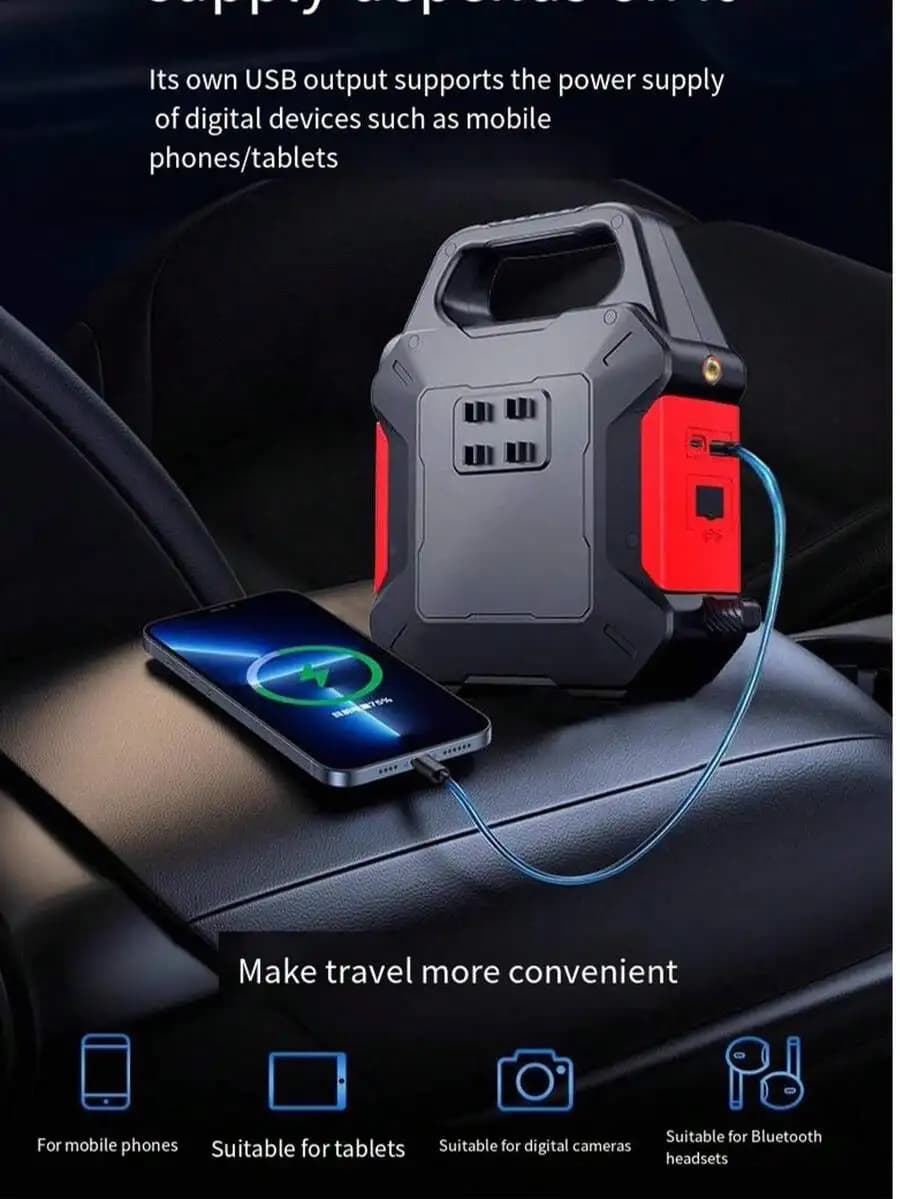 Avviatore di emergenza compatto da 600A con pressione massima di 150PSI, gonfiatore per pneumatici a doppio uso con power bank, luce LED e borsa per il trasporto per uso di emergenza
