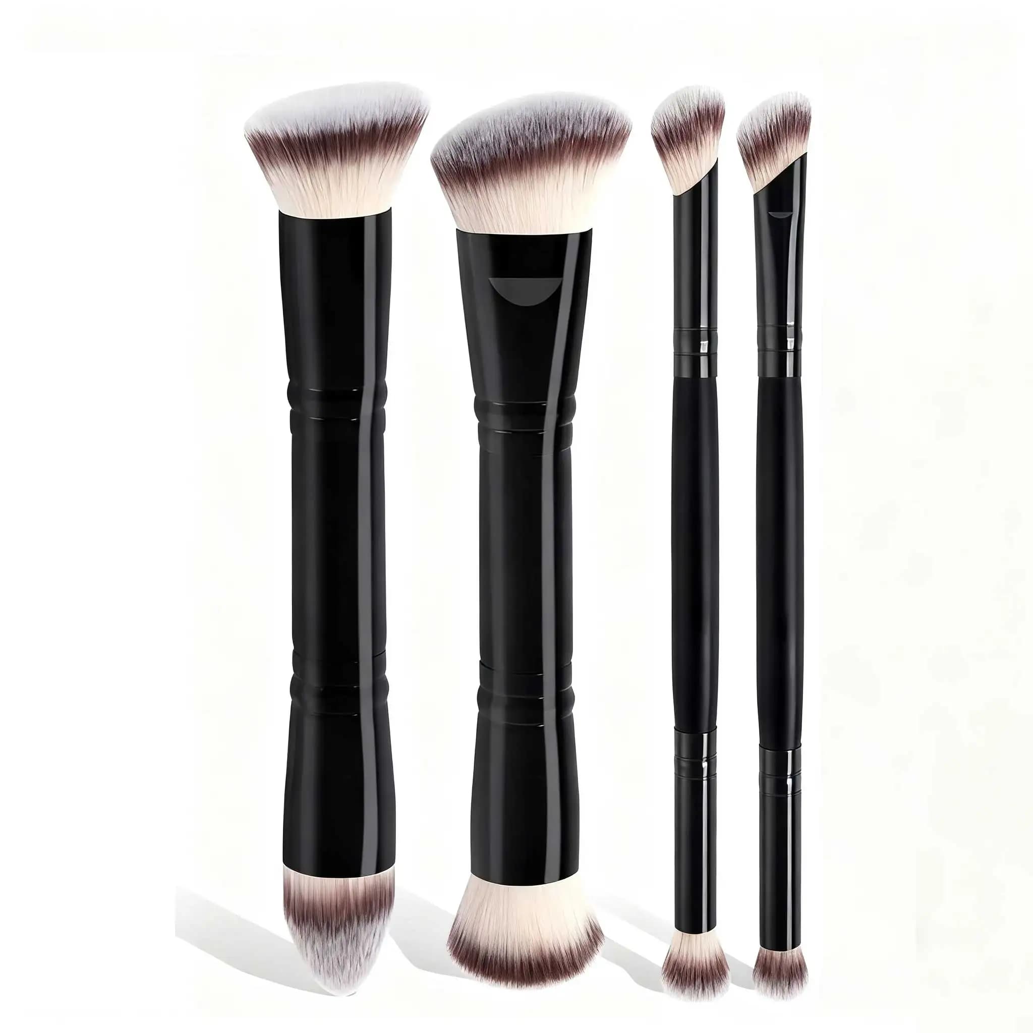 Set di 4 Pennelli da Trucco Base con Scatola, Pennelli Doppia Punta per Fondotinta, Cipria, Blush e Dettagli Occhi, Ideali per Principianti e Viaggi