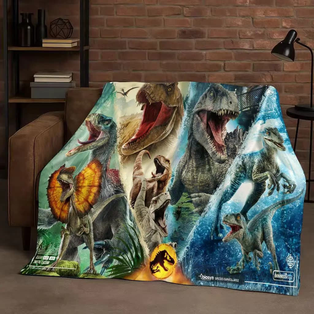 Coperta in flanella di cartone animato di dinosauro del Jurassic Park 3D, peluche ultra morbido e caldo per la copertura del divano letto della camera da letto di casa, campeggio dell'ufficio