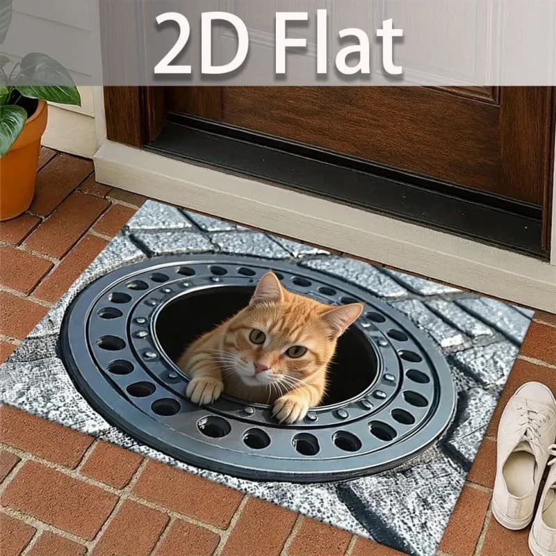 2D Manhole Cover Orange Tabby Cat Print Doormat Non Slip Washable Entrance Rug Indoor Front Door Floor Mat