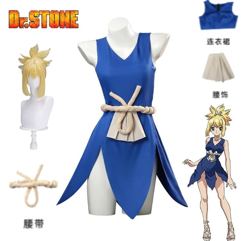 Costume da Cosplay Kohaku Dr. Stone, Abito Blu, Set Completo con Accessori per il Collo, Fascia e Copricapo per Donne, Halloween