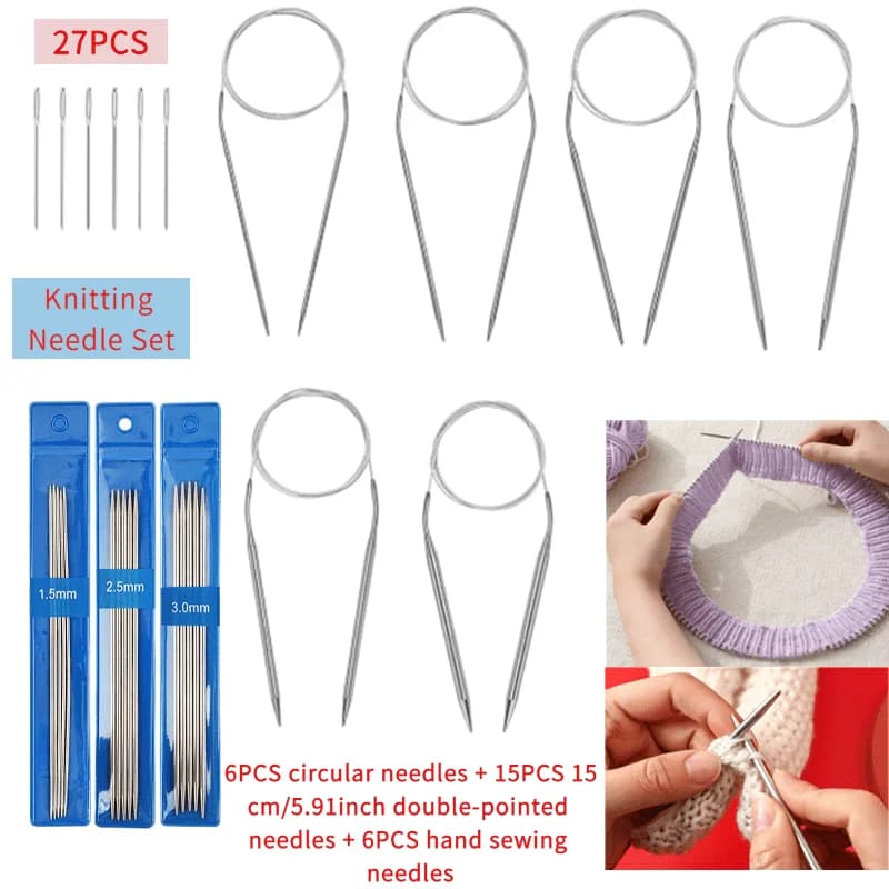 Set di 27 Ferri da Maglia, Inclusi 6 Ferri Circolari (2/2.5 mm) 5/3/3. 5/4. 5/5. Aghi da cucito a occhiello largo da 5 mm, 6 aghi dritti a doppia punta (1. 5/2. Ferri circolari da 5/3 mm, con lunghezze che variano da 40 cm a 120 cm, adatti a diverse esigenze di lavorazione a maglia, inclusi sciarpe, cappelli, maglioni, calze, coperte e progetti di grandi dimensioni.