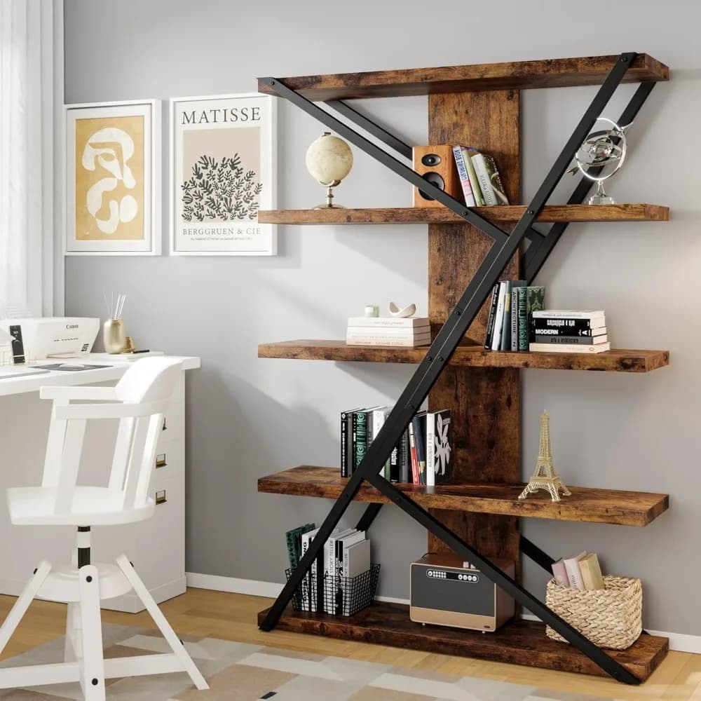 Libreria a 5 livelli, libreria espositiva con pannello ispessito da 30 mm, libreria dritta larga da 47,2 pollici con struttura in metallo e legno