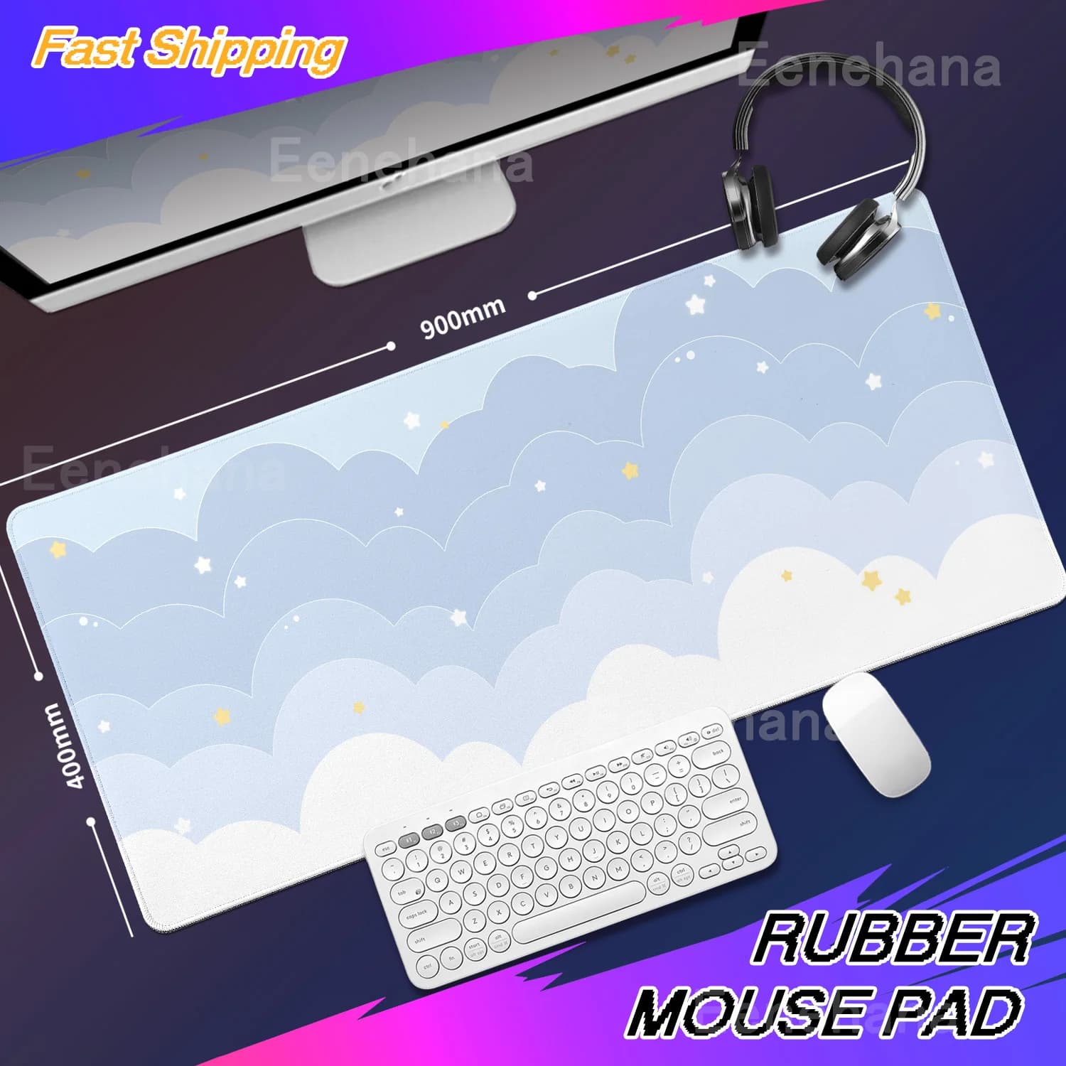 Tappetino da scrivania con nuvole rosa azzurro Tappetino per mouse viola Kawaii Tappetino in gomma carino Tappetino esteso Tappetini per tastiera da gioco Tappeto grande per ragazza XXL