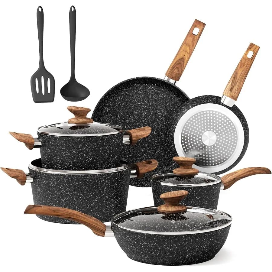 Set di pentole a induzione in granito antiaderente da 12 pezzi con padelle per una cucina efficiente, pentole e padelle nere durevoli