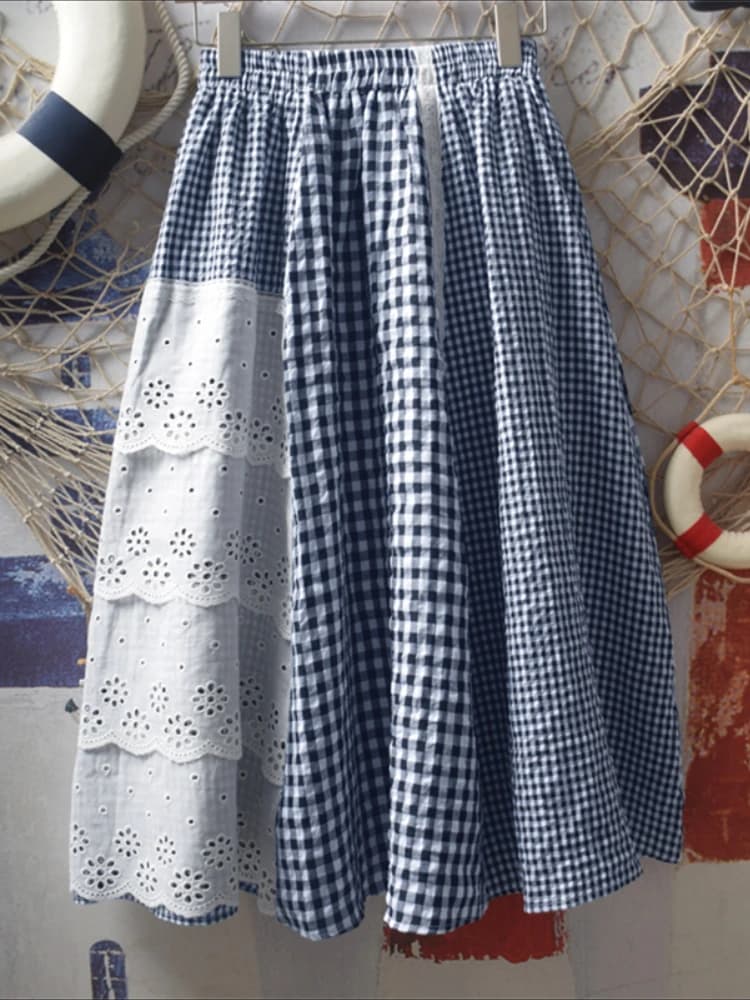 ZANZEA Bohemian Plaid Gonne Donna Lunghe Maxi Gonne 2025 Moda Patchwork di pizzo Casual Party Elastico in vita Jupes Faldas Saia