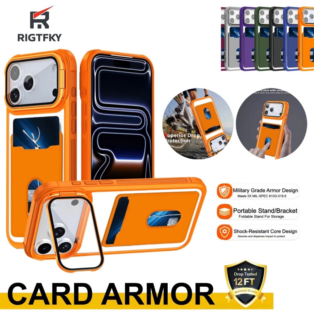 Luxury Shockproof Armor Phone Case For 17 Pro Max Air 16 15 14 Plus 13 12 11 Camera Kickstand Card slot Wallet Protection Cover