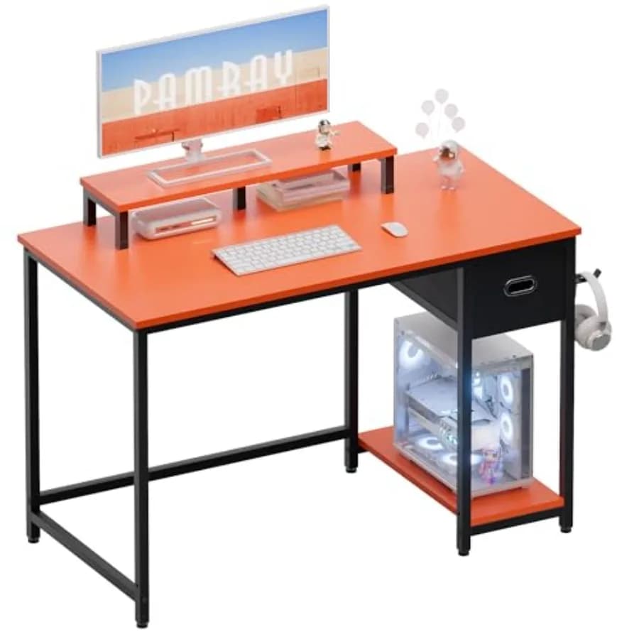 Scrivania per Computer da 39 Pollici con Supporto Monitor, Piccola Scrivania da Ufficio Domestico con Cassetto Portaoggetti in Tessuto Non Tessuto per Camera da Letto e Studio